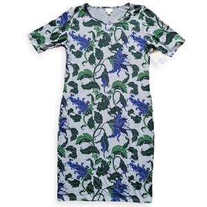 Lularoe Julia Gray Blue Floral Sheath High Neckline Knee Length Dress Sz XL